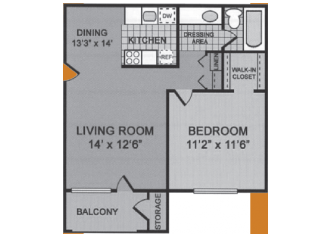 1 Bedroom 1 bathroom floor plan at Woodridge Apartments in Tucson, AZ